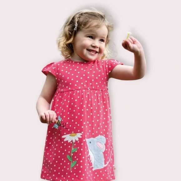 NWT Frugi dress Little Lola watermelon polka dot mouse appliqué size 0-3 months - Picture 1 of 10